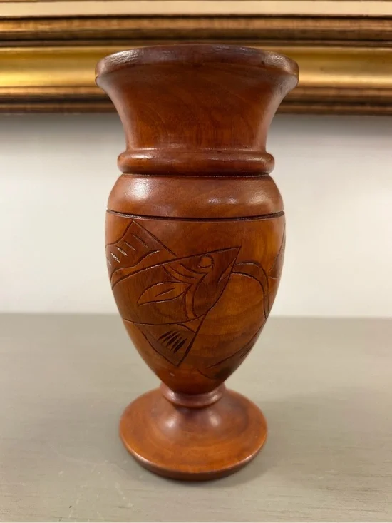 Hand Carved Wood Pedestal Vase Fish Fauna Floral Mid Century Haitian Bohemian
