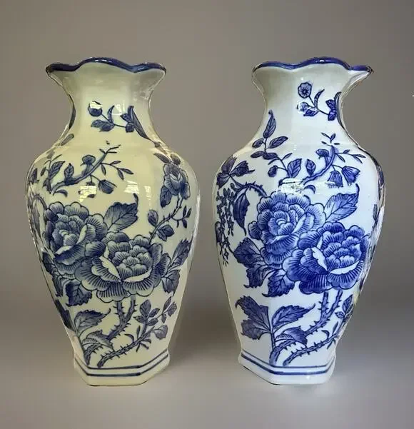 2 New Chinese Blue & White Rosé Transfer Wear Chinoiserie Pocket Wall Vase 10” T