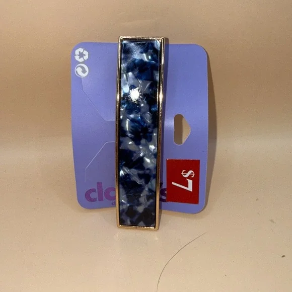 Claire's Rectange Blue Black Marble Print Barrette Hair Clip Gold Rim 3.5