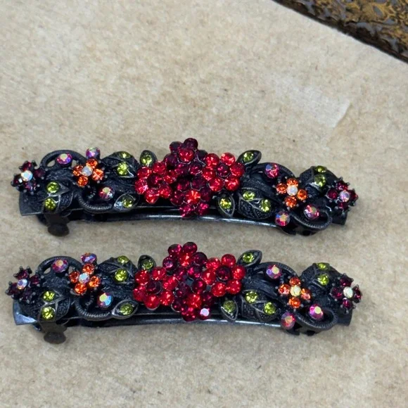 Vintage Style Floral Rhinestone Hair Barrettes Set of 2 Red Green Gunmetal Tone