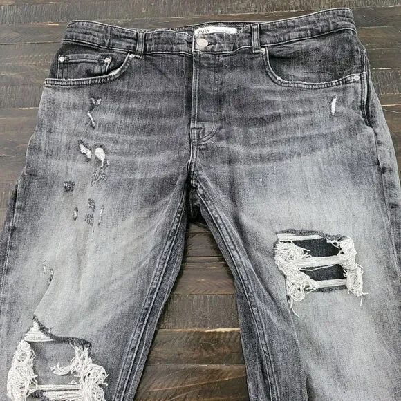 Zara Men’s Grey Acid Wash Skinny Jeans US 36 Distressed Slim Fit Streetwear