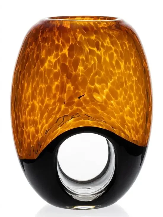 Vintage MCM Heavy Art Glass Window Porthole Vase Tortoiseshell Leopard 9