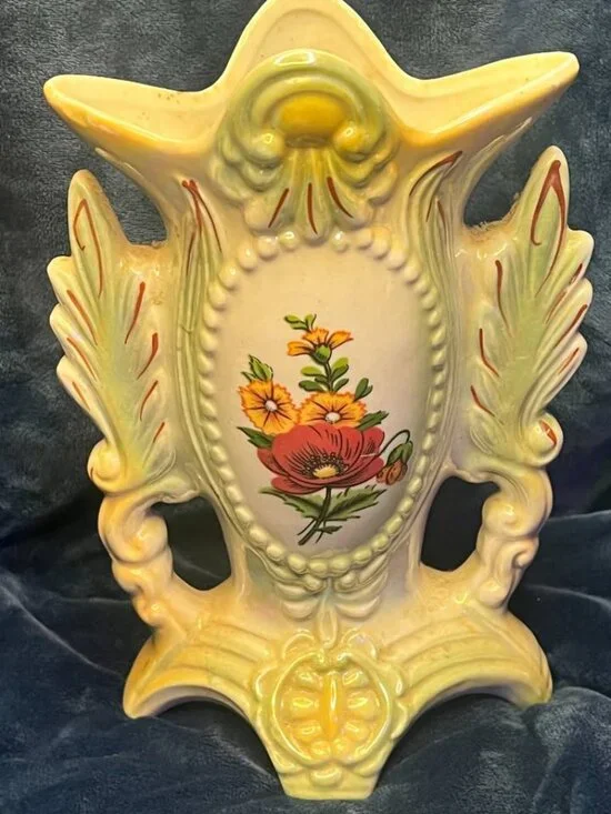 Vintage Porcelain Pearlescent Lustreware Footed Vase with Floral Decal