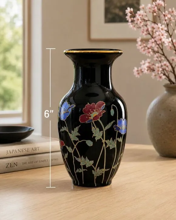 Japanese Black Floral Vase Gold Trim Poppy Design 6