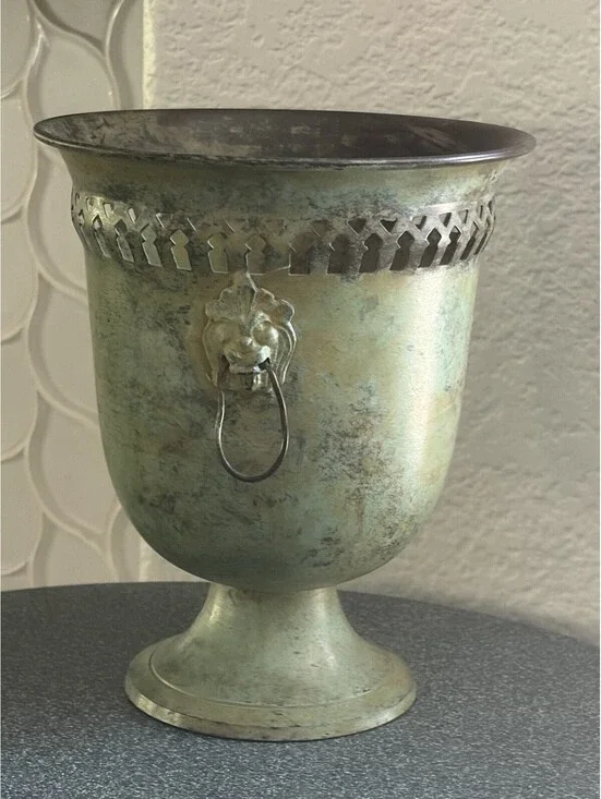 Vintage Brass Urn Planter Lion Head Handles Verdigris French Victorian Style
