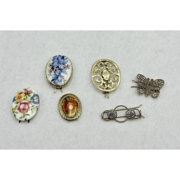 Vintage Floral‎ Porcelain Filigree Barrettes Lot Butterfly Oval