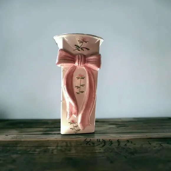 Vintage 1982 Sigma Mann Country Rose Hand Painted Ceramic Bow Vase Pink Floral