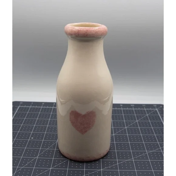 Claudy‎ Ceramic Milk Bottle Vase Cream Pink Heart Farmhouse Decor 7.5 Inch