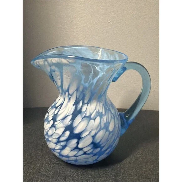 Vintage Art Glass Blue White Splatter Bud Vase Pitcher Cruet 5
