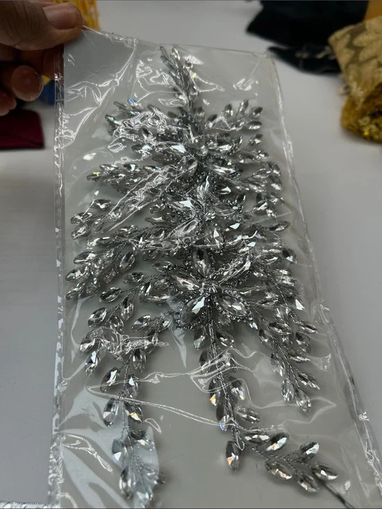 Crystal Silver Rhinestone Leaf Applique