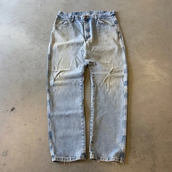 Rustler Mens Distressed Light Wash Straight Leg Denim Jeans Blue 36x32