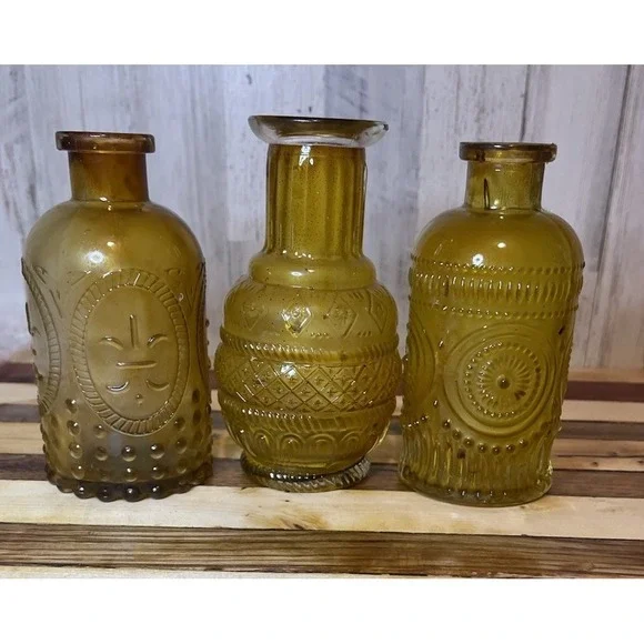 Vintage Set Of 3 Light Colored Amber Glass Bud Vases 5.5