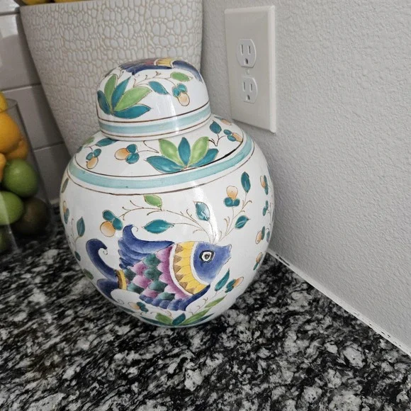 Porcelain Fish Chinese Asian Chinoiserie‎ Ginger Jars  stamped with makers mark