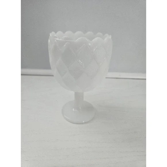 Vintage Anchor Hocking Textured Diamond Pattern White Milk Glass Stemmed Chalice
