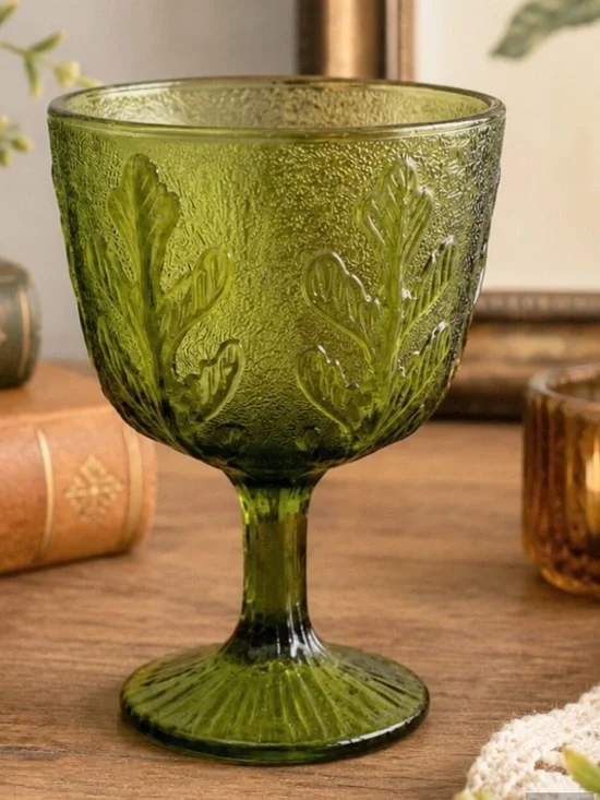 Vintage 1975 FTD Avacado Green Glass Pedestal Vase. Compote | Embossed Leaf EUC