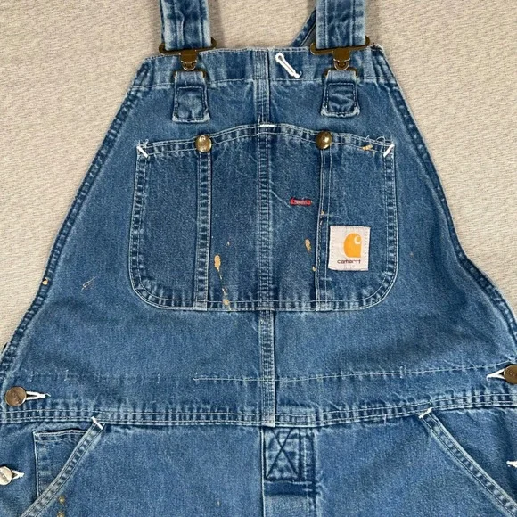 VTG Carhartt R07DST Denim Bib Overalls Mens 36x32 Blue Made in USA Distressed