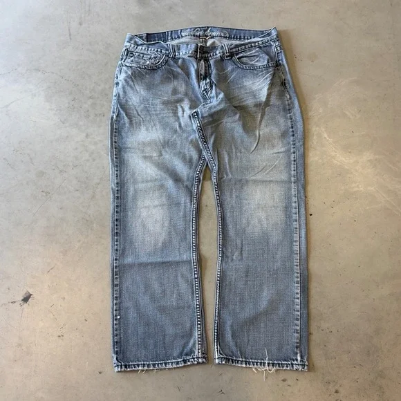 Silver Denim Mens Straight Leg Blue Jeans Embroidered Pockets Y2K Faded W36 L30