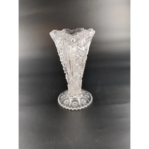 Vintage Brilliant Cut‎ Glass Flower Trumpet Vase Short 6