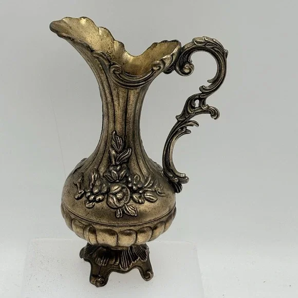 Vintage Solid Brass Ornate  Floral Vase Pitcher Made in Italy 7