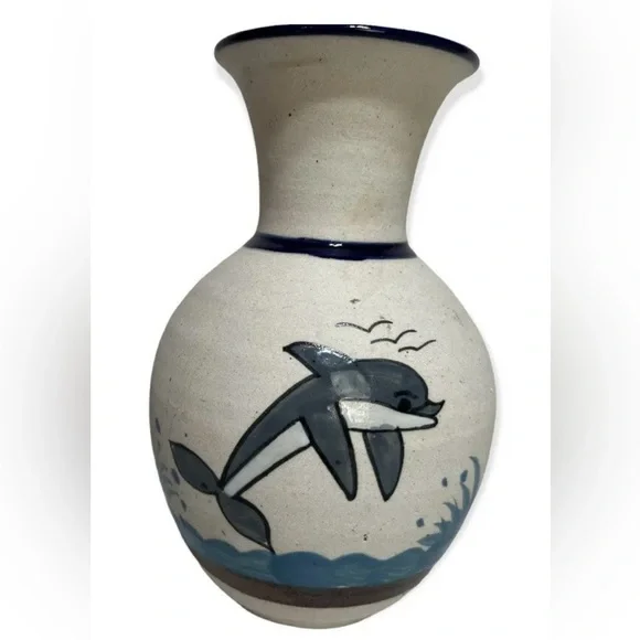 Hand Made Tonala Vase‎ Dolphin Mexico Signed Inside Glazed 9