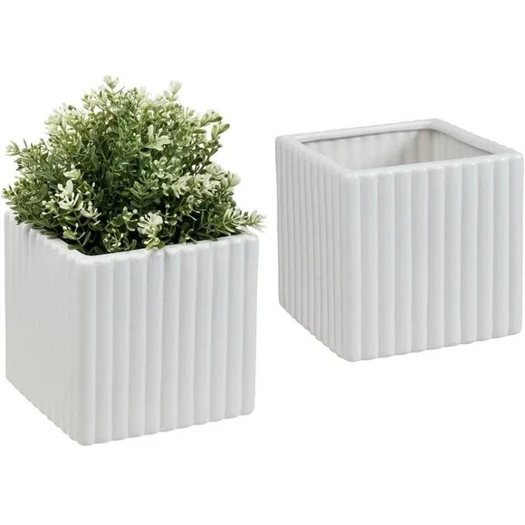 6.3 Inch Square Vintage White Ceramic Succulent Planter Pot with Vertical Ribbed