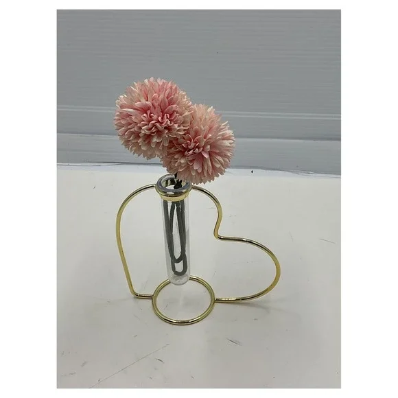 Unbranded‎ Gold Metal Heart Bud Vase Pink Artificial Pom Pom Arrangement 8