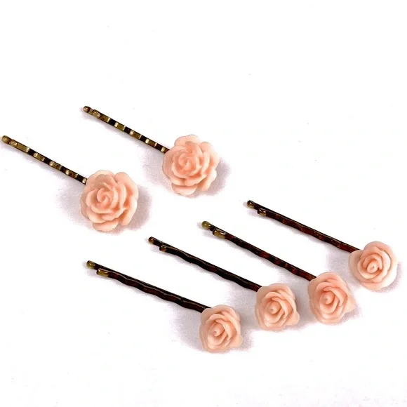 Set of 6 Pink Flower Hair Pin, Wedding Hair Jewelry Flower Hair Bobby Pin Bridal