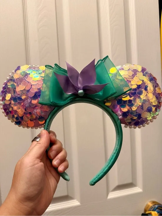 Sequin Disney Little Mermaid Ariel Ear Headband with Green Bow
