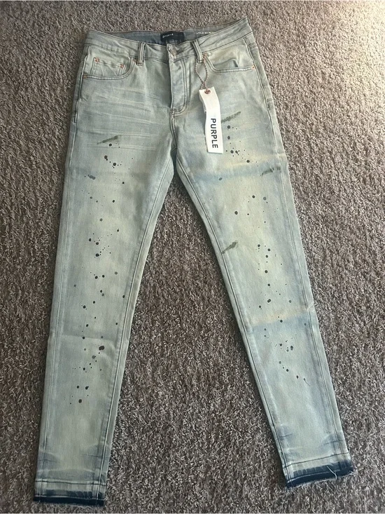 Purple Brand Light Blue Skinny Jeans with Paint-Splatter Detail