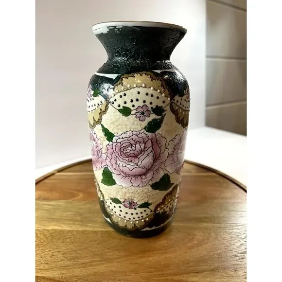 Vintage Floral Vase Ceramic Dark Green Floral Design‎ Home Decor Accent