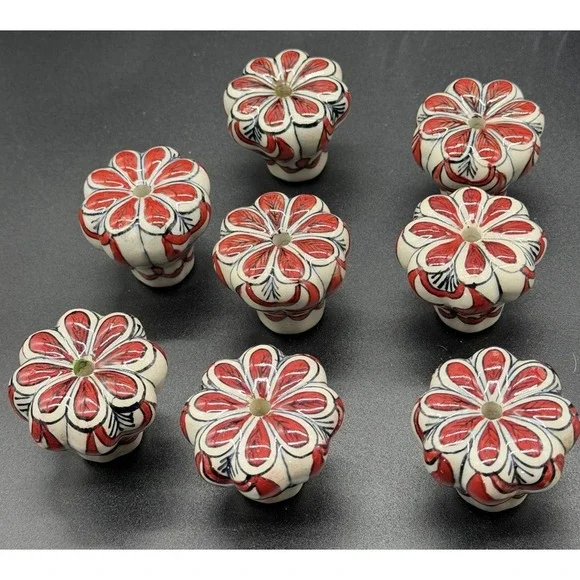 VTG Flower Shaped Ceramic Hand Painted Floral Drawer Knobs  With Bolts  Set Of 8