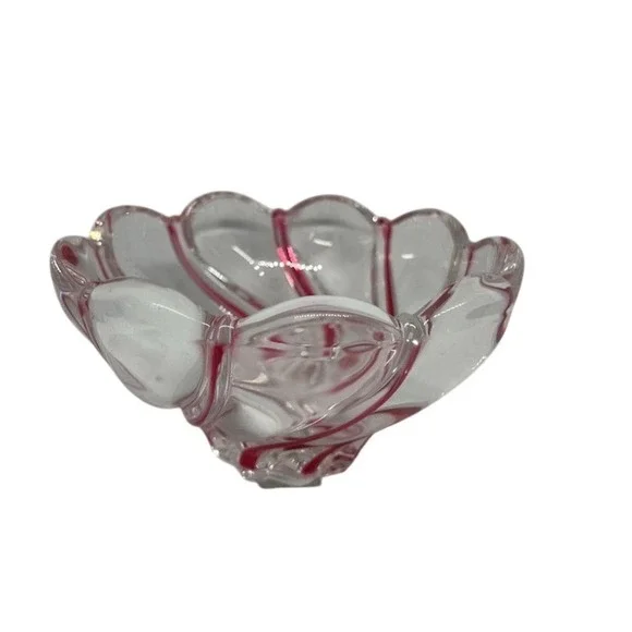 Vintage Mikasa Red Swirl Glass Bowl with Ruffle Edge Holiday Decor