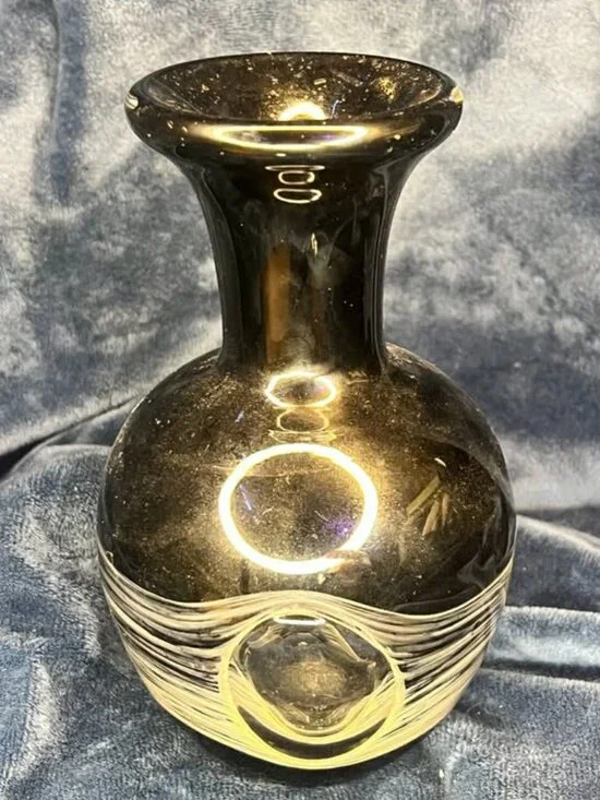 Vintage Studio Art Glass Black Vase with White Wavy Band and Clear Bubble Base