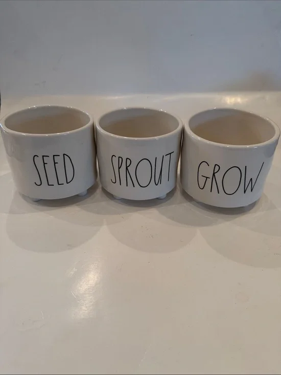 Rae Dunn Seed Sprout Grow White Ceramic Planters