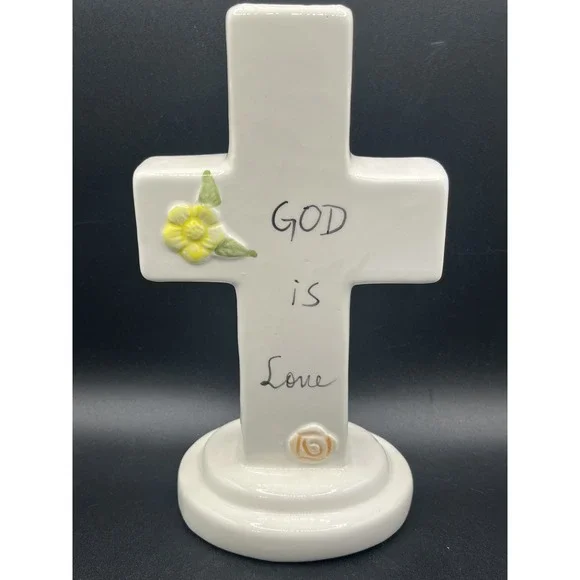 White‎ Porcelain Cross Vase w/ Yellow Flower & 'God Is Love' Religious