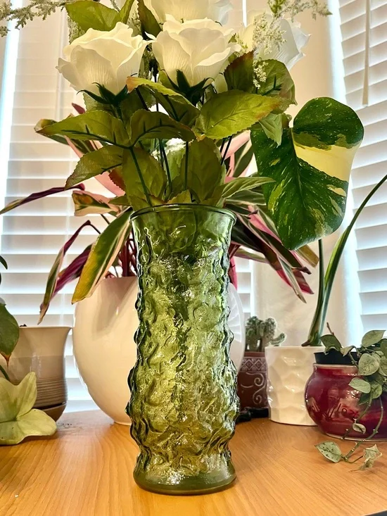 Vintage Green Glass Flower Vase