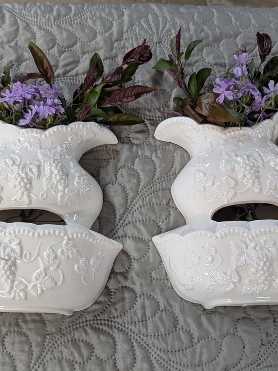 Vintage Decorama Japan Wall Pocket Planters Set of 2 White Milk Glass Grape Vine