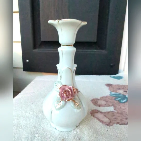1950's Vase Pearly-White & Pink Floral Rose Decorative Vase Porcelain 6