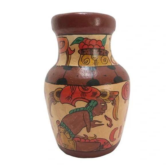 Vintage Mayan Folk Art Glazed Clay Vase Mexican Pottery