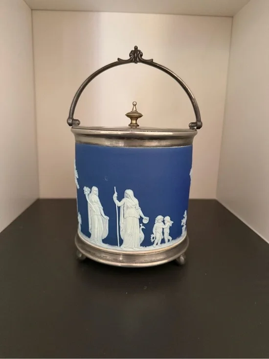 Antique Wedgwood Cobalt Blue Jasperware Biscuit Barrel Jar Silverplate