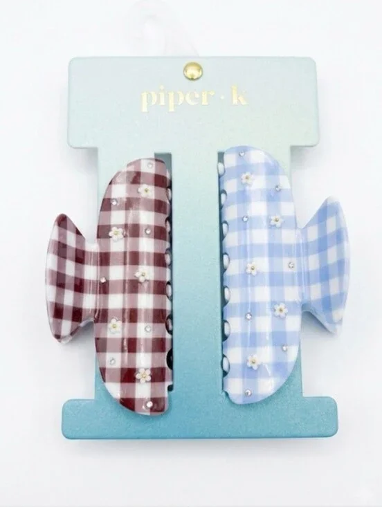 💙▪️ Piper K ▪️Sweetheart Daisy Blue & Brown Gingham Hair Claw Clip