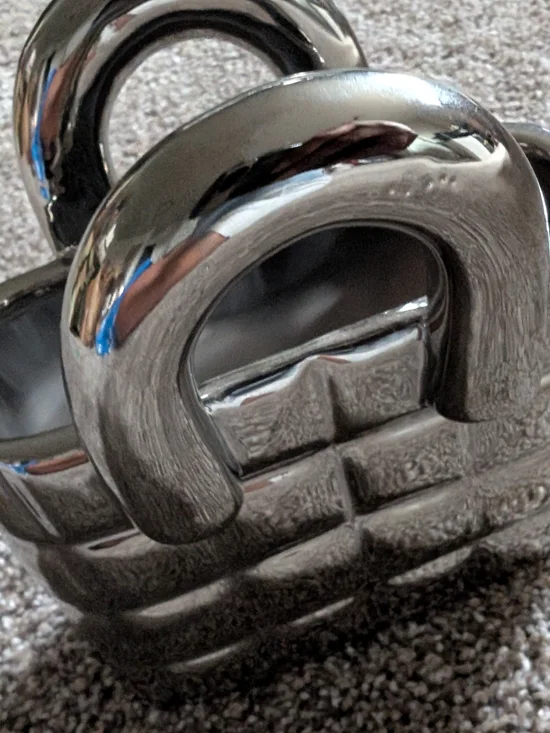 Shiny Silver Quilted Ceramic Handbag Sculpture Vase