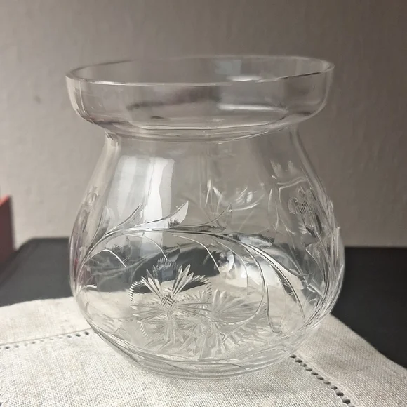 Vintage Glass Bulbous Rose Vase Engraved Floral and Leaf Pattern 4