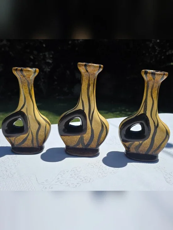 VTG Mid-Century Modern Yellow & Black Pierced Ceramic Candlestick Trio - As Is