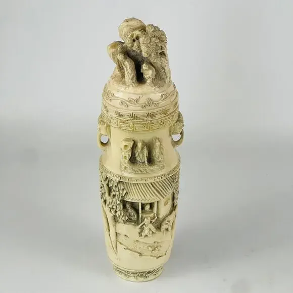 Vintage Ornate Chinese Hand Carved Composite Resin Decorative Vase with Lid