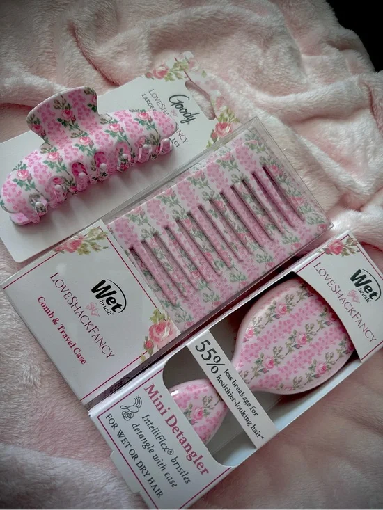 LoveShackFancy Pink Floral Hair Brush, Hair Clip & Mini Detangler Set🎀🌸