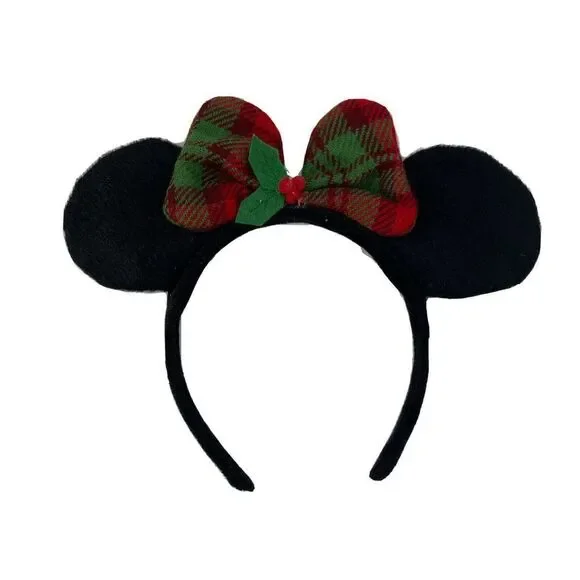 Disney Minnie Mouse Ears Christmas Holiday Holly Plaid Bow Adult OS Handmade