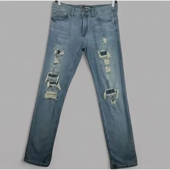 Express Jeans Mens 32x34 Slim Denim Bleach Splatter Ripped Destroyed‎ Thrasher