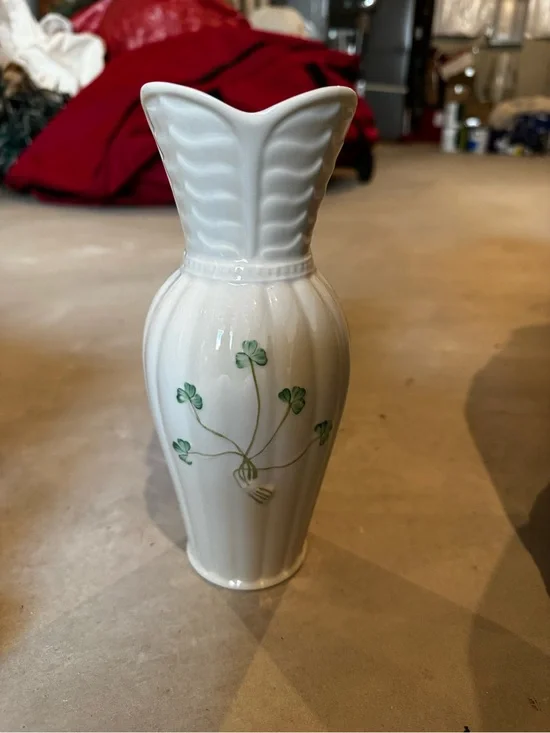 Belleek White Porcelain Vase with Green Shamrock Accents