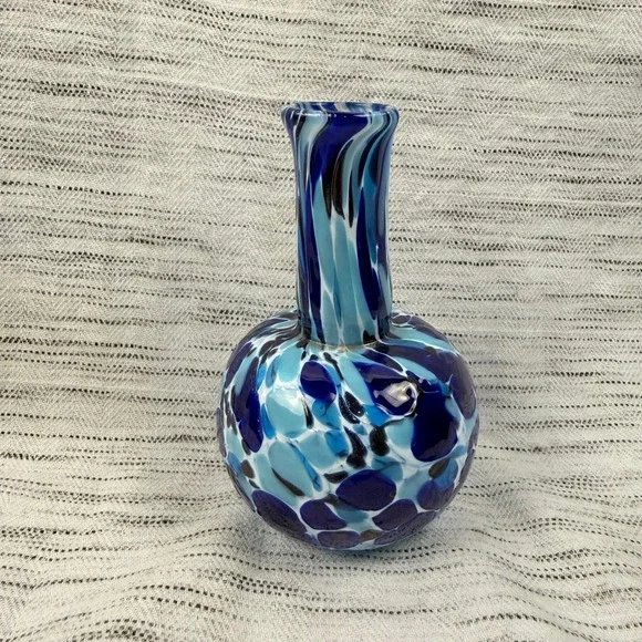 Handblown Glass Bud Vase Blue Speckled Mottled Design 5.5